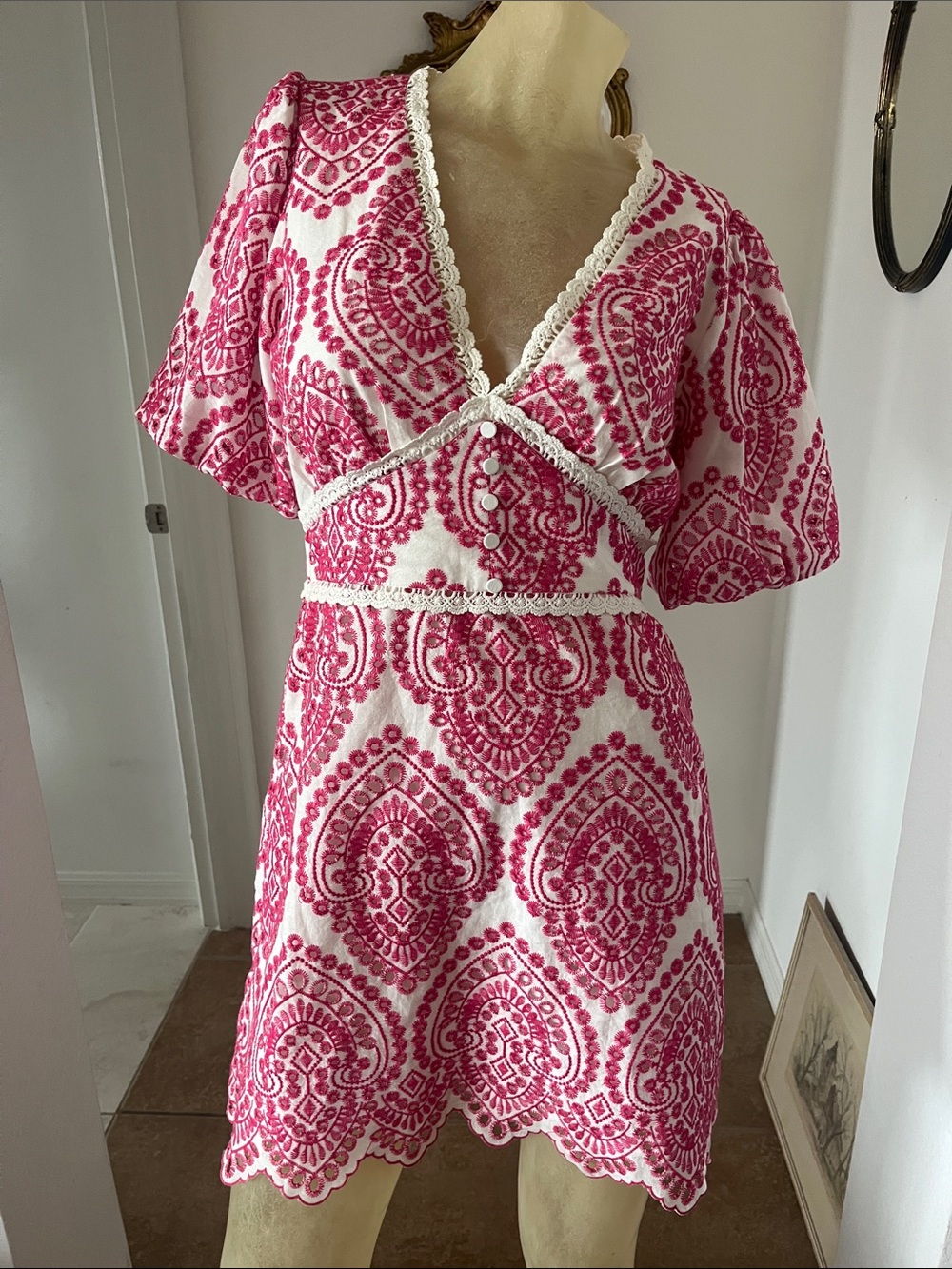 Adelyn Rae White Dress with Pink Embroidered Pattern